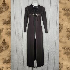 VTG 70s Chocolate Brown Duster with Beaded Sunburst Detailing, Tie Closure, sz 8